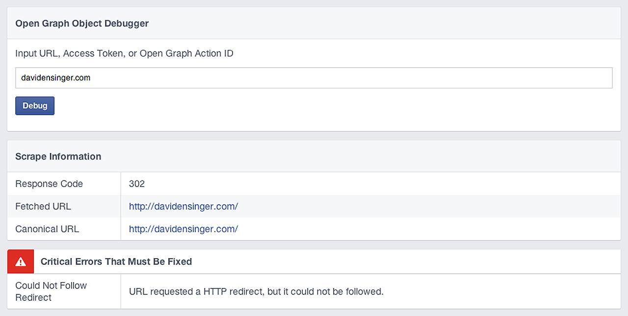 Initial Facebook Debugger results for davidensinger.com