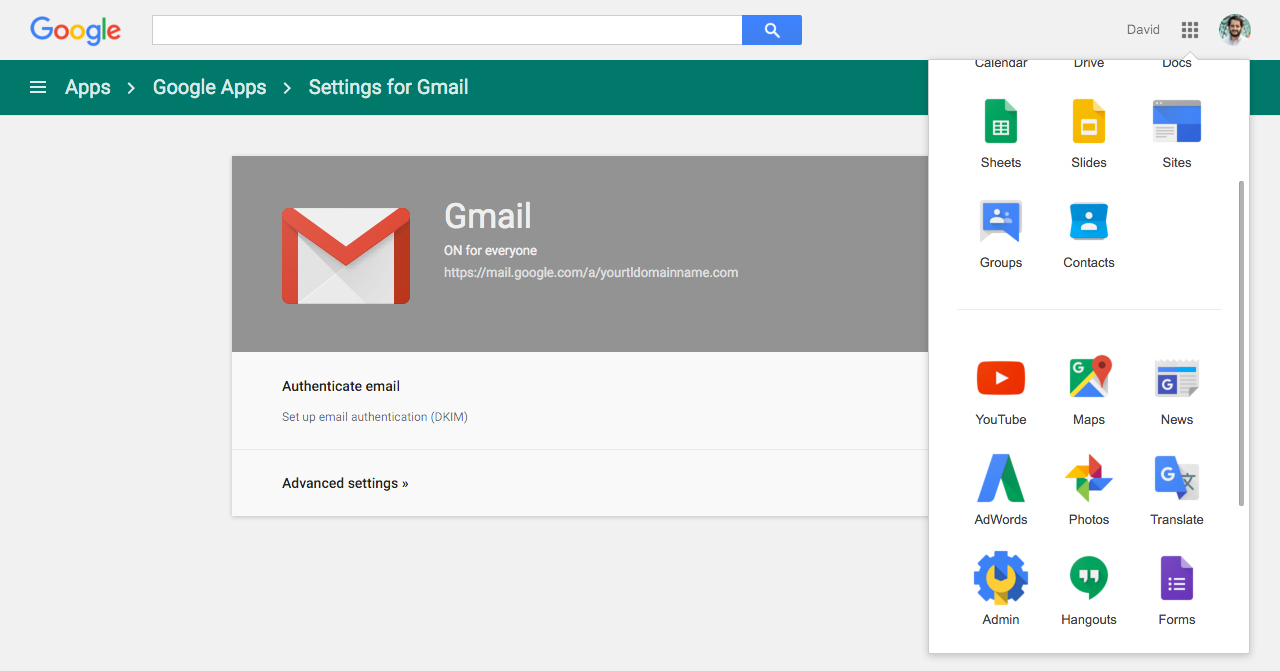 The admin area of Gmail for Google Apps